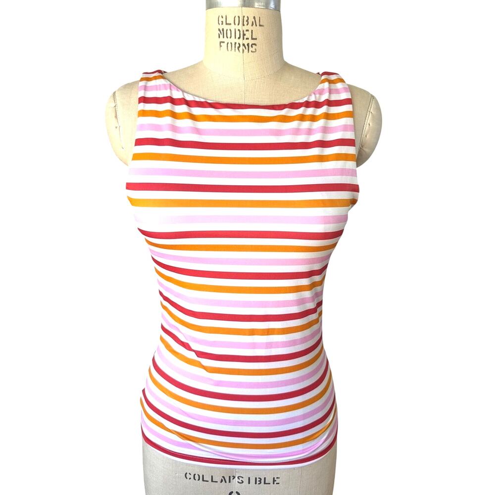 lime ricki Tankini Swim Top Sleeveless Stripe Boatneck Size Medium Orange Pink